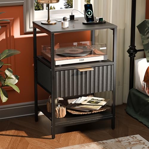 Image of VINGLI Nightstand with Charging Station and Fabric Drawer, Fluted Night Stand with Drawer, Bedside Table /Small Night Stand with Charger Station for Bedroom, Dorm, 14.96 inch W*11.81 inch D*23.7 inch H, 1 pc