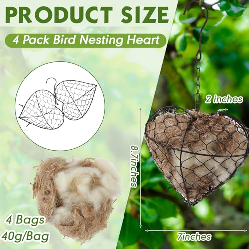 Image of Menkxi 4 Pcs Bird Nesting Material, Hummingbird Nest, Natural Nesting Fiber Cotton, Refillable Nestings Accessories for Wild Bird, Enjoy Birds Gardening Outside, Garden Decoration Gifts (Heart Shaped)
