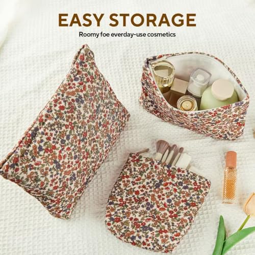 3Pcs Floral Makeup Bags, Cosmetic Bags for Women, Large Capacity Corduroy Makeup bag Set and Portable Mini Makeup Bag,Aesthetic Women Handbags Purses, Travel Essentials Aesthetic Stuff (Floral 01)3
