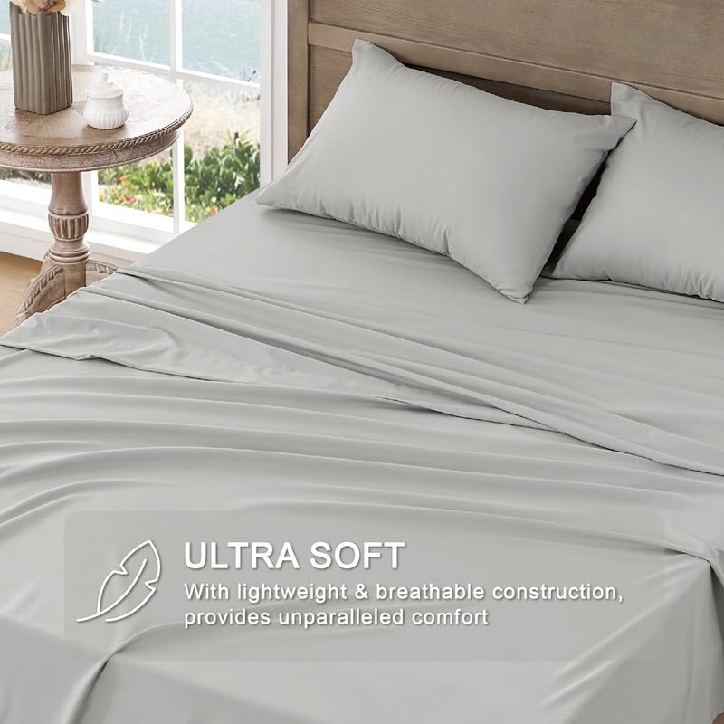 Image of FreshCulture Full Sheet Set - Ultra Soft Sheets Full Size Bed - Brushed Microfiber - Deep Pockets - Easy Care - Cooling & Breathable - 4 Pieces Hotel Luxury Full Size Bed Sheets (Light Grey)