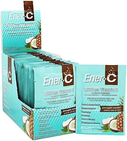 Ener-C Pineapple Coconut Multivitamin Drink Mix, 1000mg Vitamin C, Non-GMO, Vegan, Real Fruit Juice Powders, Natural Immunity Support, Electrolytes, Gluten Free, 1-Pack of 30