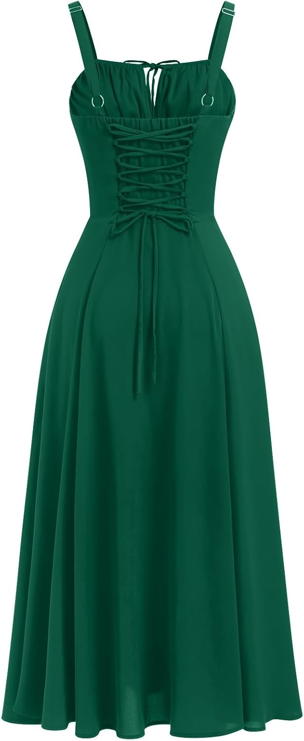 Women Floral Corset Dress, Boho Summer Spaghetti Straps Square Neck Casual Midi Dress Flowy Slit Bustier Dresses - Image 3