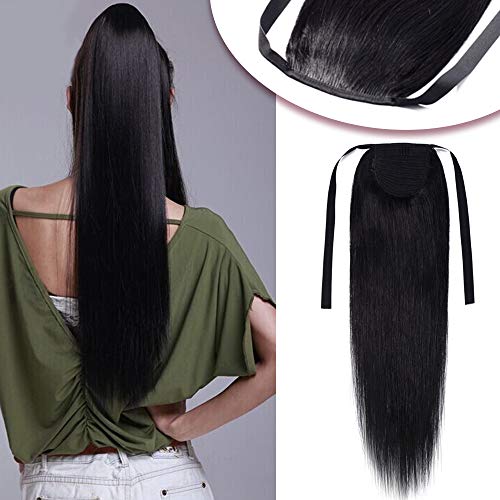 Hairro Ponytail Extensions 100% Human Hair 20 Inch Jet Black Tie Up Ponytail Human Hairpieces Long Straight Clip in Pony Tail for Women #1