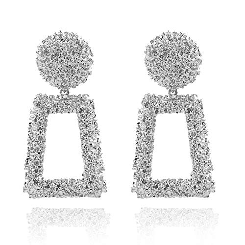 Statement Drop Earrings Metal Crystal Geometric Earrings Square Dangle Earrings Raised Design Earrings Silver/Gold for Women Girls (silver-1)