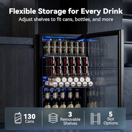 Image of Manastin Beverage Refrigerator Cooler-130 Cans Freestanding Mini Fridge Cooler with Glass Door, Adjustable Shelves & Digital Temperature Display for Soda, Wine or Beer (Black, 3.2 Cu.Ft)