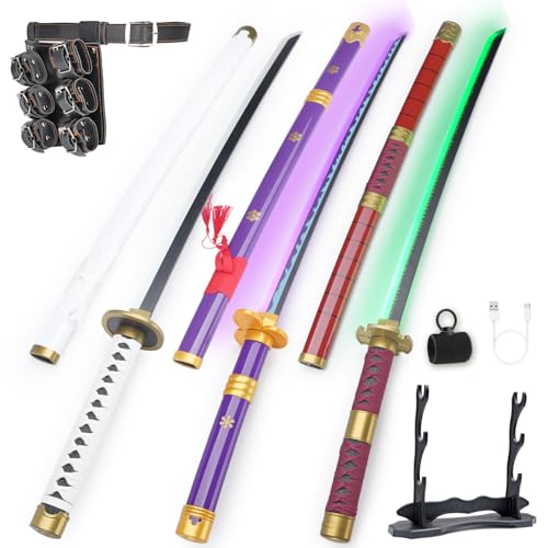RENGENG Light Up Sword, 40 Inches Rechargeable Pre-Assembled Plastic Replica Anime Sword with Belt & Stand & Spinner, Shusui&Wado Ichimonji&Emma
