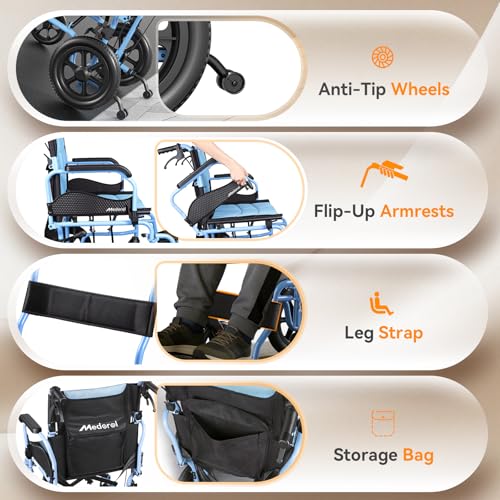 Image of Lightweight Transport Wheelchair for Adults, Supports 300 lbs, Foldable & Portable, for Seniors, Elderly and Disabled (Blue)