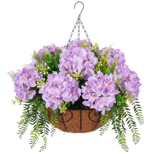 Ammyoo Artificial Flowers in Hanging Basket Planter for Home Spring Summer Decoration, Silk Hydrangea Outdoor Indoor Arrangements, 12' Metal Coconut Lining Basket with Faux Plant(Light Purple)