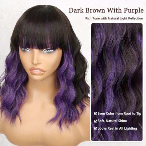 Image of Nnzes Short Wavy Bob Wig with Bangs for Women Shoulder Length Curly Dark Brown with Purple Synthetic Heat-Resistant Fiber Hair for Daily & Party Use