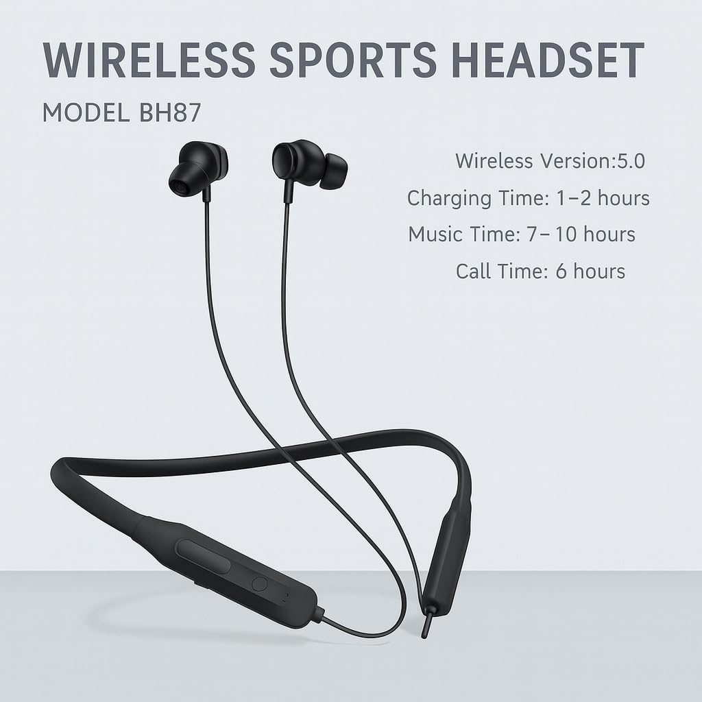 BH87 Bluetooth Neckband Sports Headset, 10 Hours Battery, 10M Connection  Range, Magnetic Design, Black: Buy Online at Best Price in Egypt - Souq is  now Amazon.eg
