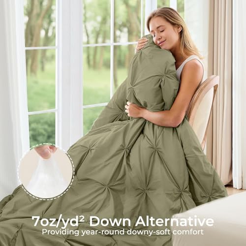 Image of Sasttie King Size Comforter Set, 7-Piece Bed in a Bag, Pintuck Bedding Sets for All Season, Includes Comforter, Flat Sheet, Fitted Sheet, Pillowcases and Pillowshams, Olive Green