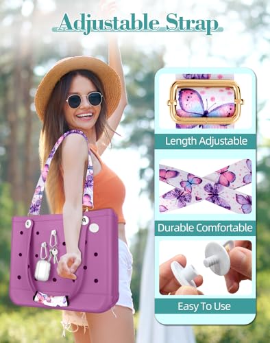 Image of Bag Strap Crossbody Charms for Bogg Bag Accessories - Shoulder Strap Neoprene Luggage Handle Wrap for Suitcase & 2 Key Holders Butterfly
