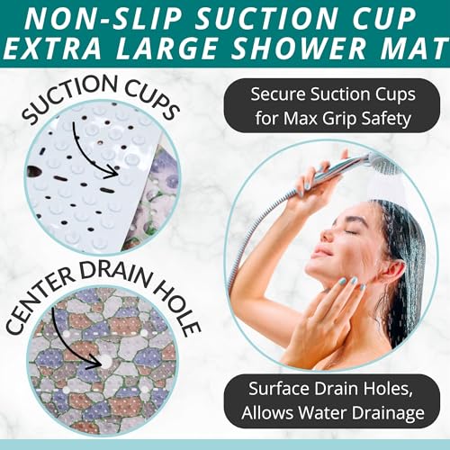 Image of ENKOSI Square Shower Mat 27x27 inch - Anti Slip Shower Stall Floor Mat - Non Slip Shower Mats with Strong Secure Suction Cups and Drain Holes in Middle (27x27 Stone Path)