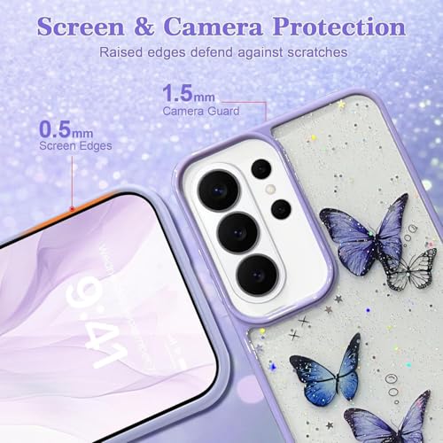 Image of VONZEE for Samsung Galaxy S26 Ultra Clear Glitter Butterfly Case, Cute Bling Sparkle Shiny Soft Silicone TPU Bumper Shockproof Women Girls Slim Protective Phone Cover, Purple