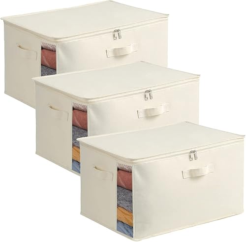 Vailando Paquete de 3 bolsas de almacenamiento de edredón de lona grandes para ropa suéter organizador de ropa con doble cremallera tres asas de Vailando Paquete de 3 bolsas de almacenamiento de edredón de lona grandes para ropa suéter organizador de ropa con doble cremallera tres asas de