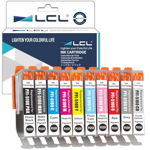 LCL PFI5100 PFI-5100 Ink Cartridges High Capacity Replacement for Canon PRO 310 PFI 5100 Ink Cartridge Compatible with Canon imagePROGRAF PRO-310 Printer (10-Pack MBK/PBK/GY/PC/PM/CO/C/M/Y/R)