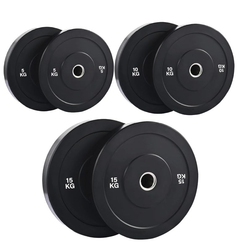 Bumper Weight Plates for Olympic Barbells, High-Density Rubber with Steel Core, 1.25kg–25kg Pairs and Sets from 45kg to 250kg, Home Gym Strength Training (60 kg Set)