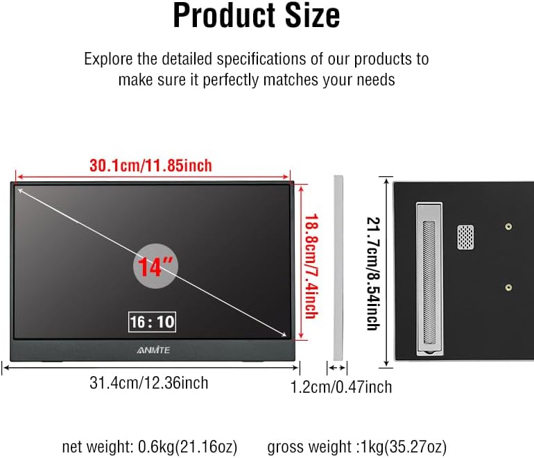 14 Inch Portable Monitor Computer Gaming Metal Enclosure Mobile External Display for Laptop Xbox PS4 Phone with Speakers Type-C USB-C HDMI IPS FHD 1200P LED Screen