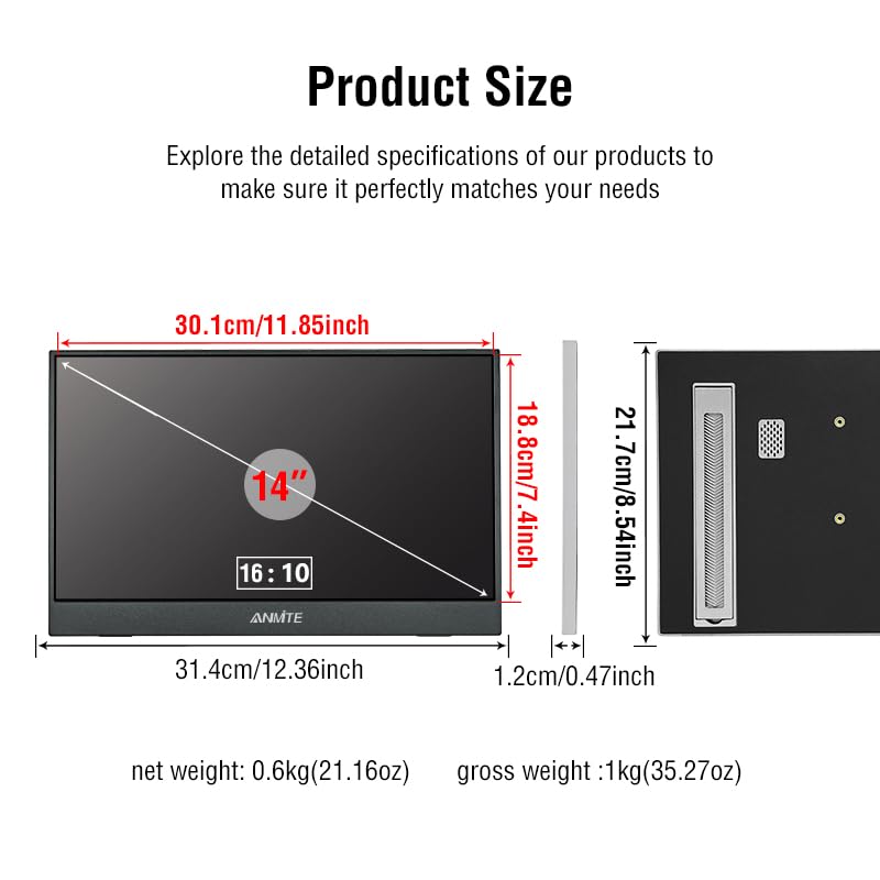 Image of Portable Touch Monitor 14 Inch Computer Gaming Metal Enclosure Mobile External Display for Laptop Xbox PS4 Phone with Speakers Type-C USB-C HDMI IPS FHD 1200P LED Screen