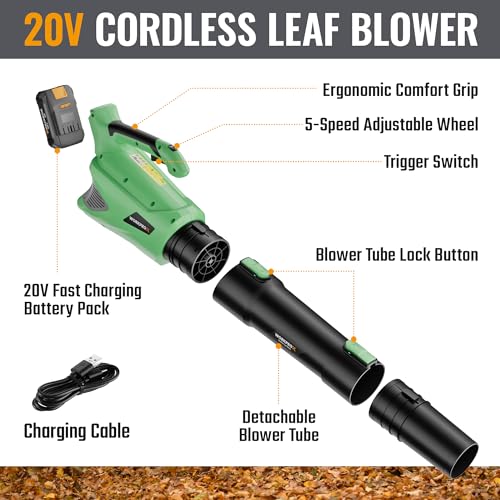 WORKPROX Cordless Leaf Blower with 5 Gear Adjustable Speed, 20V Garden Blower with 4000mAh Battery, Electric Powerful Axial Leaf Blower with High Airflow for Garden, Yard and Patio Cleaning - 2