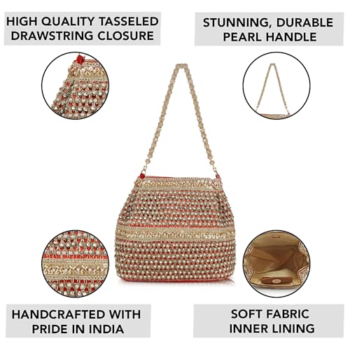 Image of Nevis Silk Fabric Premium Pearl & Crystal Embroidered Potli Bag for Women | Ethnic Bridal Clutch with Golden Handle | Party & Wedding