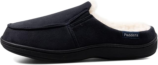Padders Tom Mens Wide Fit Slip on Memory Foam Slippers - Soft Textile Upper and Open Back Design with Wide G Fitting for Extra Room and Ultimate Comfort