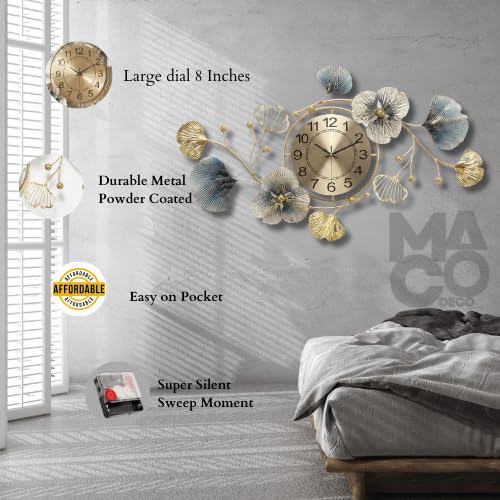 Image of Decorative Metal Floral Wall Clock for Hall with Gold Tone Round Face, Sculpted Blue Leaves, Quiet Analog Wall Clock for Bed Room Luxury Home Decor Accent