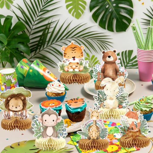 Image of 9Pcs Woodland Baby Shower Birthday Decorations Honeycomb Centerpieces, Forest Baby Shower Table Decorations Animals Birthday Party Table Centerpieces Toppers Decor