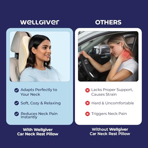 Image of WELLGIVER Orthopedic Memory Foam Car Neck Rest Pillow - Cervical Support Cushion for Neck Pain Relief, Adjustable Strap - Universal Fit for All Cars | Beige Velvet | Pack of 2