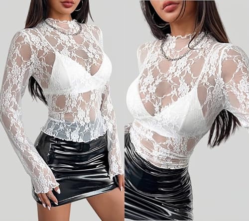 ROSVAJFY Durchsichtiges Oberteil mit Spitze Langarmshirt mit Mesh Spitzen Top Langarm Netzoberteil (DE/NL/SE/PL, Alphanumerisch, M, Regular, Regular, Weiß)