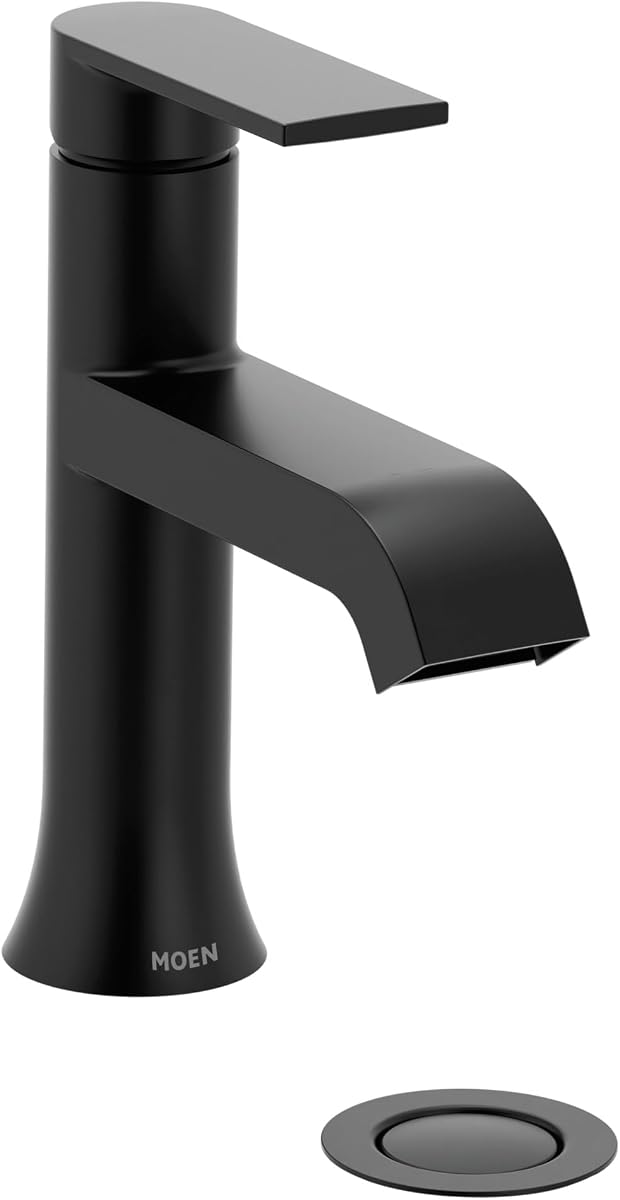 Moen Genta LX Matte Black One-Handle Modern Bathroom Sink Faucet with Optional Deckplate for Bath Countertop and Three-Hole or One-Hole Sinks, 6706BL