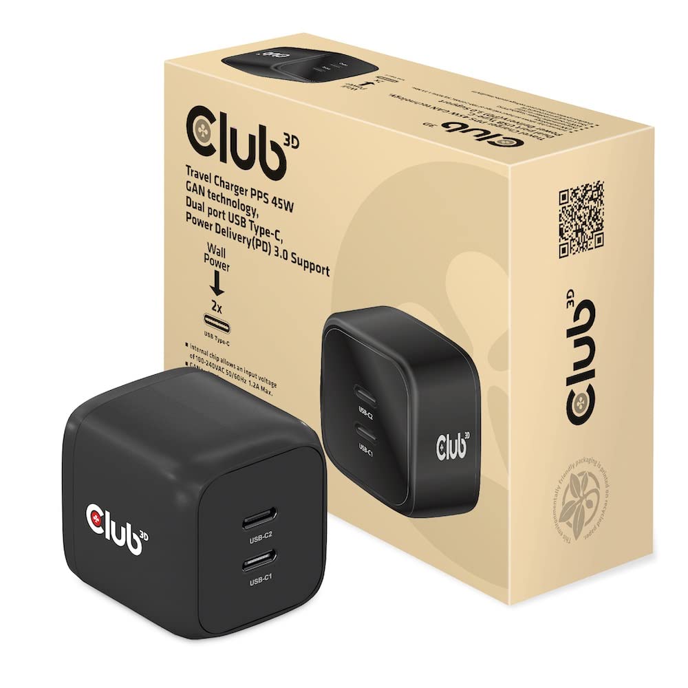 CLUB 3D CARGADOR DE VIAJE 2XUSB TIPO C, PD 45W