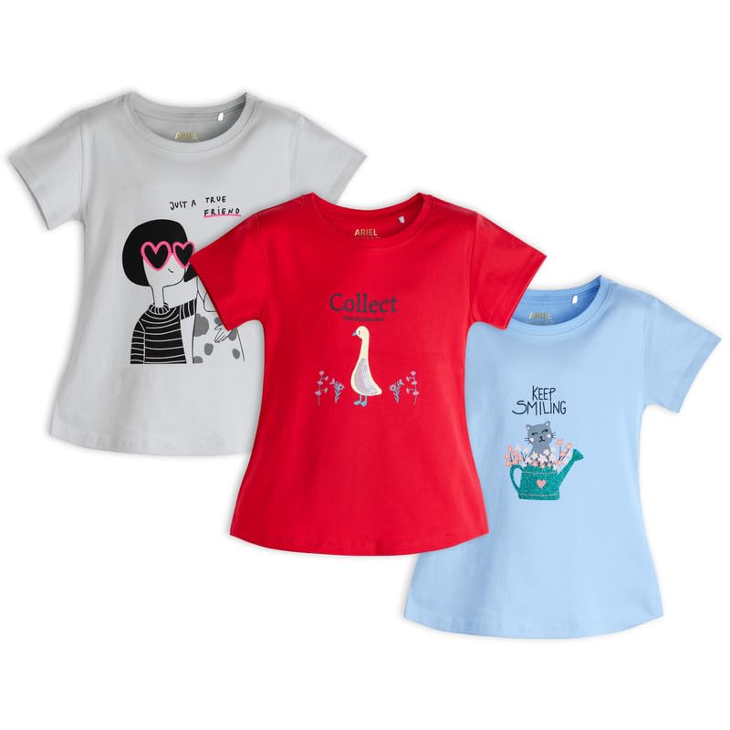 Image of ARIEL Girls Cotton Regular Fit Half Sleeve Cotton T-Shirts - Pack of 3