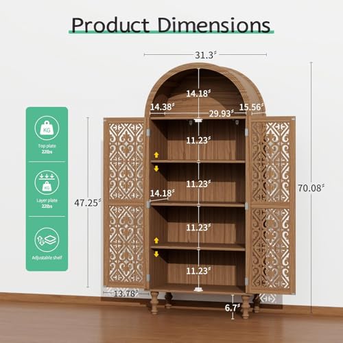 Image of Arched Kitchen Pantry Cabinet,71 inch Tall Mid-Century Modern Arched Bookcase Vintage Storage Cabinet with Geometric Door and Adjustable Shelves,Bohemian Cupboard for Living Room,Kitchen,Set of 2