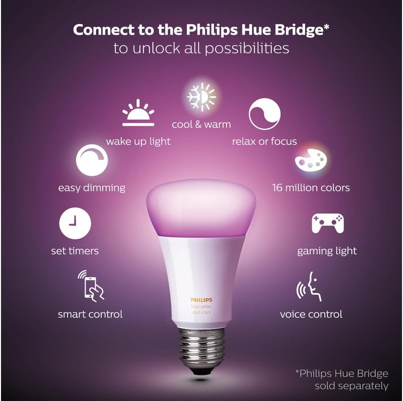 Philips Hue White and Color Ambiance A19 60W Equivalent Dimmable LED Smart Light Bulb, 1 Smart Bulb, Works with Alexa, Apple HomeKit, and Google Assistant (All US Residents)