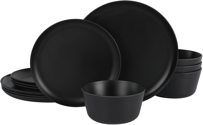 Fairhope 12-Piece Matte Black Melamine Dinnerware Set – Durable Lightweight Plates and Bowls, Kitchen Dining Set