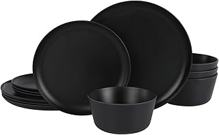 Gibson Home Fairhope 12-Piece Matte Black Melamine Dinnerware Set – Dura...