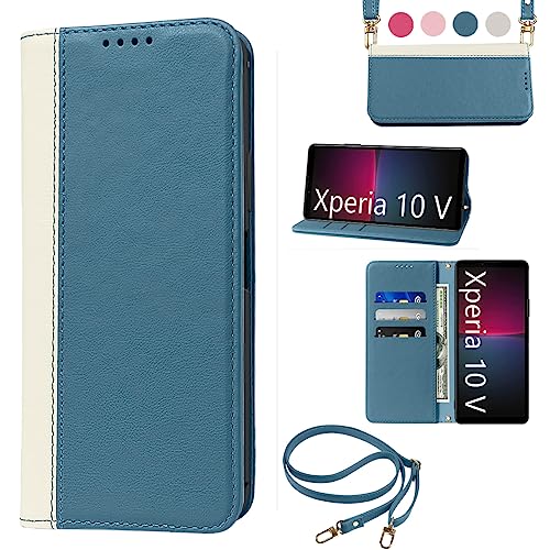 Xperia 10 V ケース 手帳型 高質PUレザー Xperia 10 V カバー SO-52D ケース 携帯カバー SOG11 ケース 肌感のよ 二色組合せ 耐衝撃 肩掛け 首かけ 斜めがけ ショルダー ケース 皮革 耐汚れ 内蔵マグネット開閉式 ス