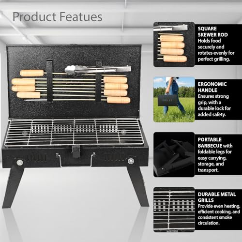 Image of Pivalo Charcoal Barbeque Grill Set | Tandoori BBQ for Home & Outdoor Use | 4-Piece Combo | 8 Skewers | 1 Glove | 1 Tong | Foldable Standing BBQ for Camping, Picnic & Travel Cooking (Pack of 1, Black)