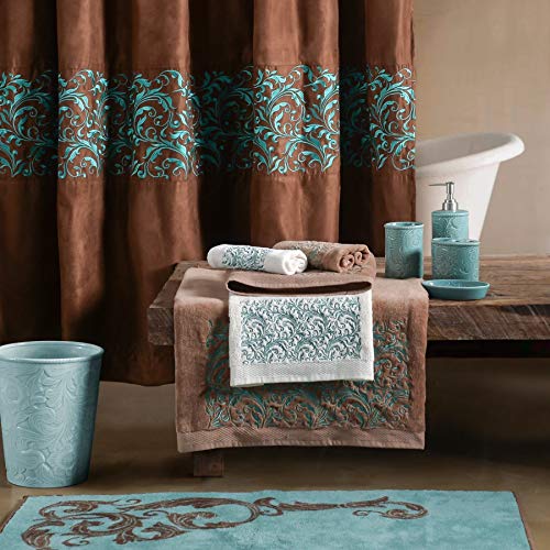 Image of Paseo Road Wyatt 3 Piece Western Rustic Bathroom Towel Set, Mocha Turquoise Southwestern Themed Towels with Scroll Embroidery, Lodge Bath Towel, Hand Towel and Finger Towel