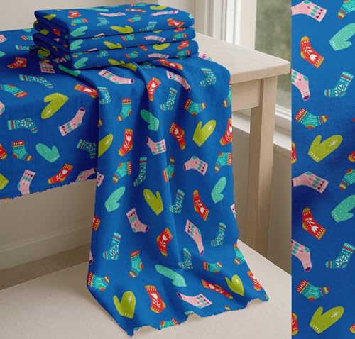 Image of Soimoi Blue Cotton Poplin Fabric Socks & Gloves Folk Art Print Sewing Fabric Meter 56 Inch Wide