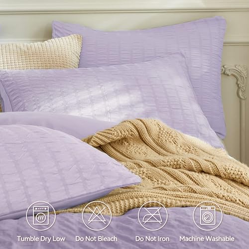Image of JELLYMONI Seersucker Duvet Cover Set Queen, 3pcs Light Purple Polyester | In Master Bedroom, Couples Pick, Crinkled Texture, Oeko-Tex Certified, 8 Corner Ties & Hidden Zipper