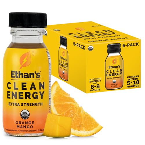 Image of Ethan's Organic Clean Energy Shots Orange Mango Extra Strength, 6 Pack of 2oz | 200mg Caffeine | Green Tea, Guayusa, Lion's Mane & Cordyceps | Sugar-Free, Vegan, Gluten-Free, USDA Organic