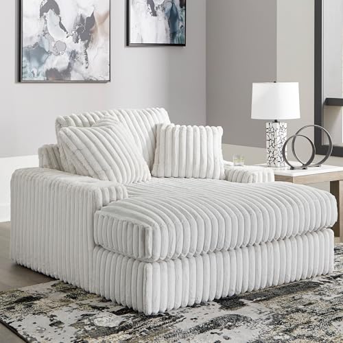 Image of Signature Design by Ashley Oversized Chaise Lounge Chair, Alloy Light Gray | Jumbo cord velvet fabric with USB & cup holders, 64-in wide oversized profile, Media room lounge, Stupendous Series