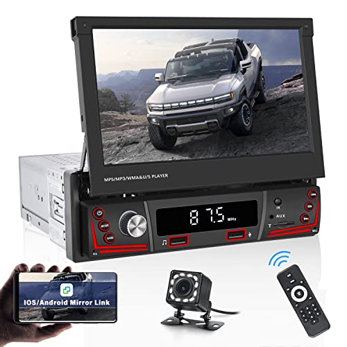 Autoradio Bluetooth 1 Din avec Lien Miroir pour iOS/Android, 7 '' Écran Tactile Rétractable Manuel Lecteur MP5 Radio avec Bluetooth FM AUX SWC EQ USB Charge Rapide TF Carte + Caméra Arrière Cover