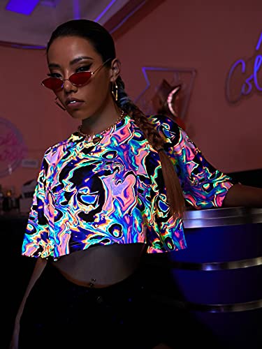 Floerns Women's Casual Reflective Short Sleeve Round Neck Crop Tops T Shirts4