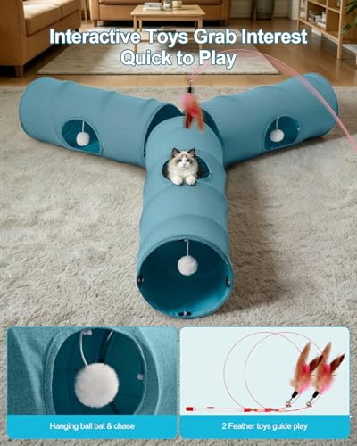 Image of Cat Tunnel, 3 Straight Shaped Tunnels 6 DIY Shapes with Wand Toys, No Noise Scratch Resistant Cool Linen Fabric, Interactive Pet Tunnel Tube for Indoor Cats, Puppy and Rabbits