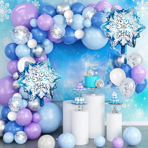 Ballon de Flocon de Neige,100PCS Decoration Anniversaire Fille,Ballons Helium en Aluminium Bleu,ballons en Aluminium Motif Flocon de Neige,Ballons Flocon de...
