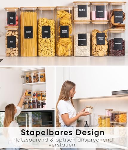 Deco haus® Vorratsgläser mit Deckel eckig 6er Set [+ETIKETTEN] - Vorratsdosen Glas mit Deckel luftdicht - Vorratsglas mit Holzdeckel - Müsli Aufbewahrungsgläser - Glasbehälter Vorratsbehälter