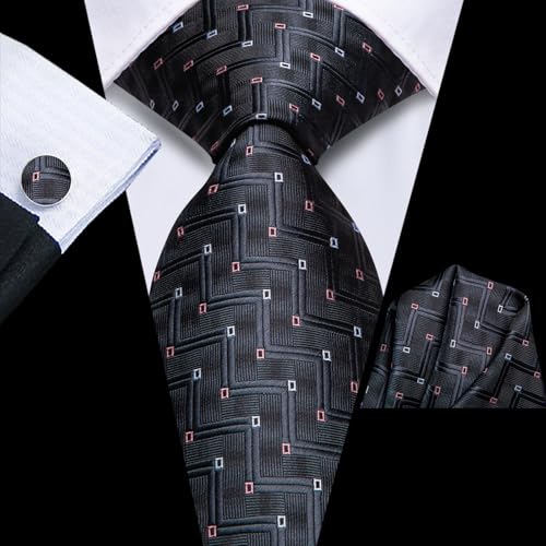 Image of Hi-Tie Men Silk Ties Set with Flower Lapel Pin Necktie Pocket Square Cufflinks for Tuxedo Wedding Business